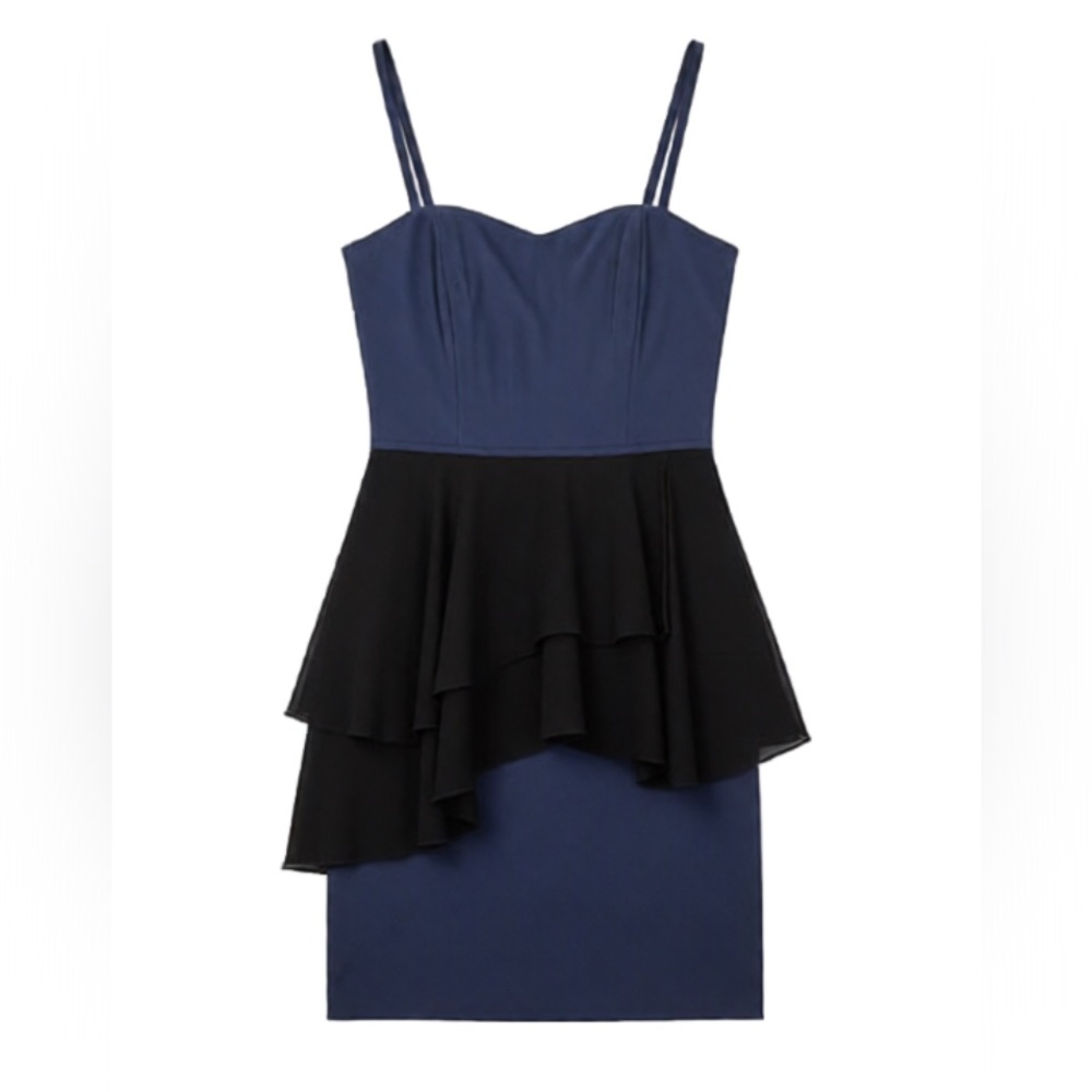H&M Navy and Black Tiered Ruffle Asymmetrical Peplum Mini Dress